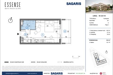 Rzut - Mieszkanie na sprzedaż 1 pokój o powierzchni 25,3 m² - numer B1.A.01.19 w ESSENSE Baltic Resort&SPA 2 - apartamenty inwestycyjne