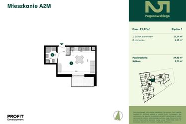 Rzut - Mieszkanie na sprzedaż 1 pokój o powierzchni 29,42 m² - numer POGO2/A/2M w Pogonowskiego 52
