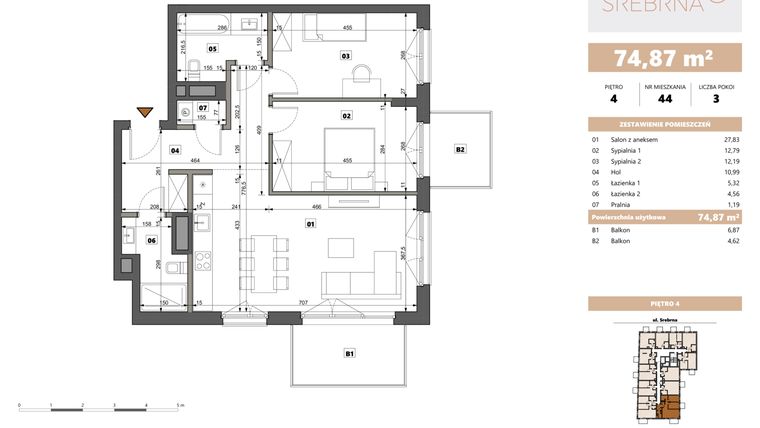 Rzut - Mieszkanie na sprzedaż 3 pokoje o powierzchni 74,87 m² - numer 44 w Srebrna 5