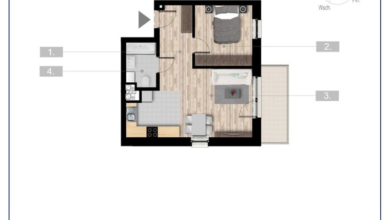 Rzut - Mieszkanie na sprzedaż 2 pokoje o powierzchni 42,96 m² - numer 71 w Szczytno Dąbrowskiego - etap 2