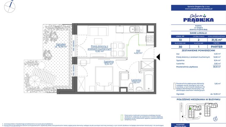 Rzut - Mieszkanie na sprzedaż 2 pokoje o powierzchni 31,15 m² - numer 30.10 w Osiedle Dolina Prądnika