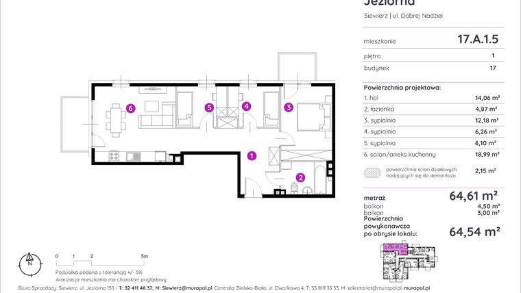 Rzut - Mieszkanie na sprzedaż 4 pokoje o powierzchni 64,54 m² - numer 17.A.1.5 w Murapol Siewierz Jeziorna
