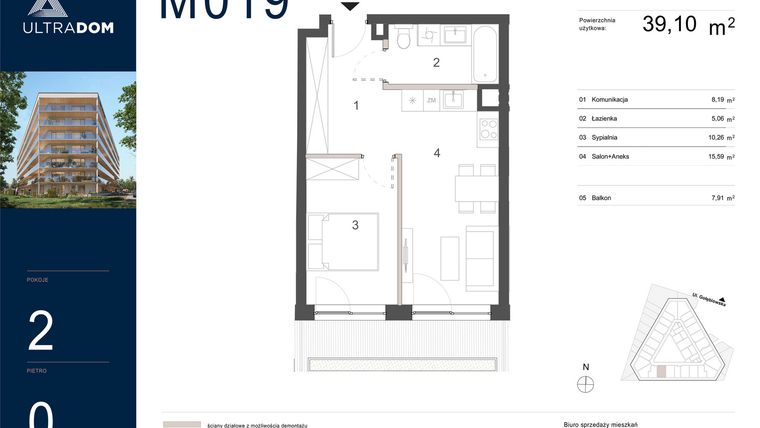 Rzut - Mieszkanie na sprzedaż 2 pokoje o powierzchni 39,1 m² - numer M019 w Ultradom