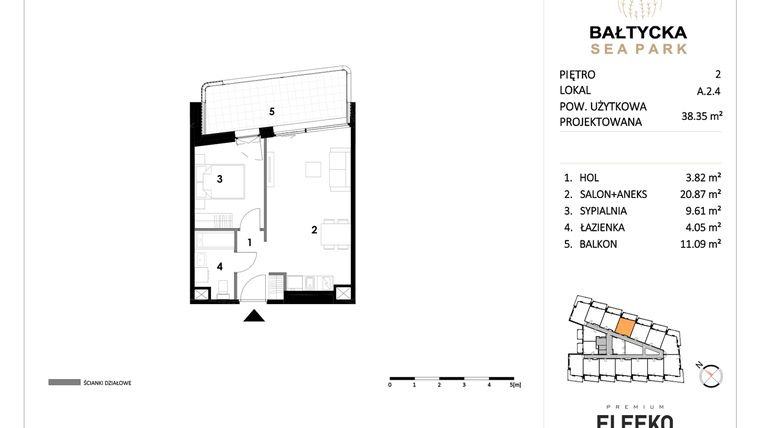 Rzut - Mieszkanie na sprzedaż 2 pokoje o powierzchni 38,35 m² - numer A.2.4 w Bałtycka Sea Park