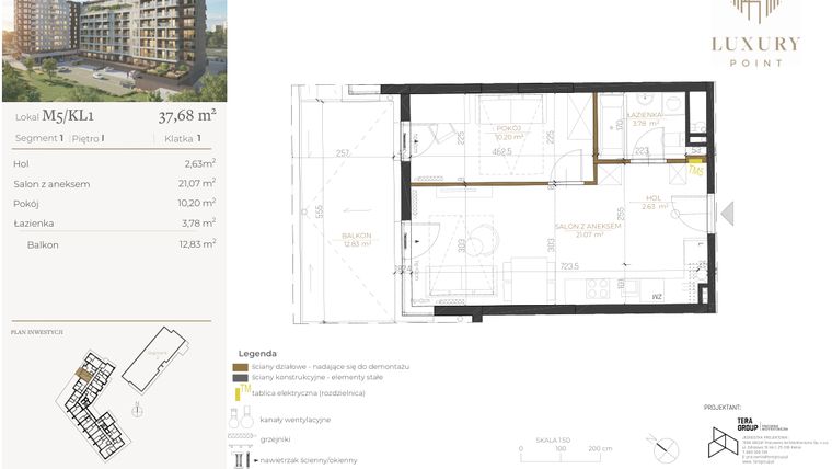 Rzut - Mieszkanie na sprzedaż 2 pokoje o powierzchni 37,68 m² - numer M5/KL1 w LUXURY POINT