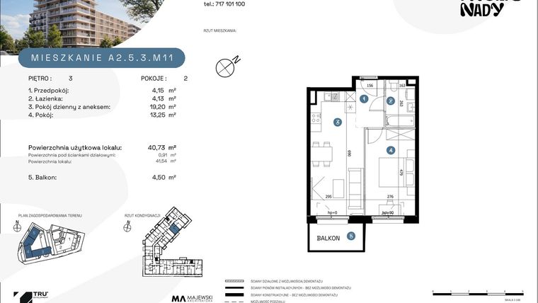 Rzut - Mieszkanie na sprzedaż 2 pokoje o powierzchni 40,73 m² - numer A2.5.3.M11 w Nowe Promenady