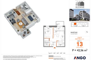 Rzut - Mieszkanie na sprzedaż 2 pokoje o powierzchni 42,56 m² - numer 13 w Bulwar bud. 2
