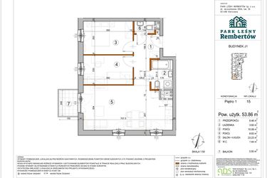 Rzut - Mieszkanie na sprzedaż 3 pokoje o powierzchni 53,86 m² - numer J1-15 w Park Leśny Rembertów etap VIII