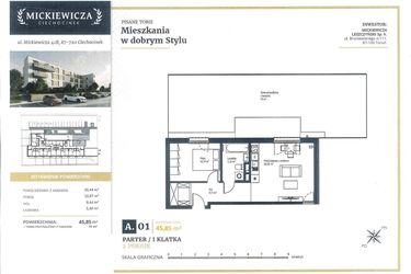 Rzut - Mieszkanie na sprzedaż 2 pokoje o powierzchni 45,85 m² - numer A1 w Mickiewicza