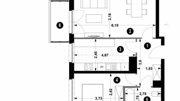 Rzut - Mieszkanie na sprzedaż 2 pokoje o powierzchni 52,51 m² - numer 1A.2/13 w Nowa Winnica