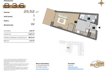 Rzut - Mieszkanie na sprzedaż 1 pokój o powierzchni 25,52 m² - numer B 3.6 w City Łobzów