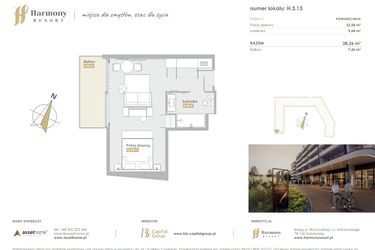 Rzut - Mieszkanie na sprzedaż 1 pokój o powierzchni 38,26 m² - numer H.3.13 w Harmony Resort