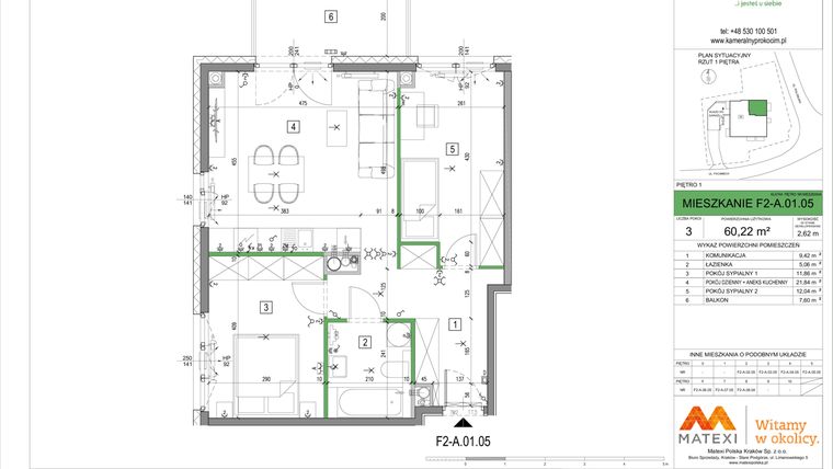Rzut - Mieszkanie na sprzedaż 3 pokoje o powierzchni 60,15 m² - numer F2-A.01.05 w Kameralny Prokocim 2
