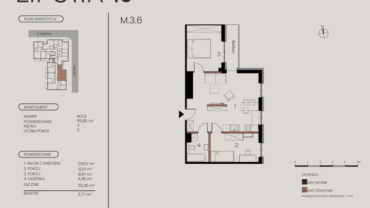 Rzut - Mieszkanie na sprzedaż 3 pokoje o powierzchni 55,95 m² - numer M.3.6 w Lipowa 43