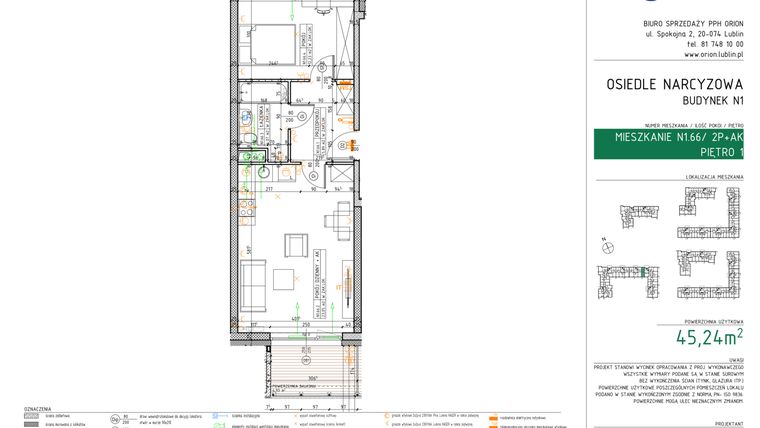 Rzut - Mieszkanie na sprzedaż 2 pokoje o powierzchni 45,24 m² - numer N1.66 w Osiedle Narcyzowe etap 2