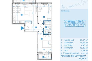 Rzut - Mieszkanie na sprzedaż 3 pokoje o powierzchni 61,78 m² - numer E29 w Osiedle Botaników etap E