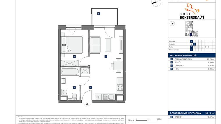 Rzut - Mieszkanie na sprzedaż 2 pokoje o powierzchni 38,14 m² - numer A.35 w Osiedle Bokserska 71 etap II