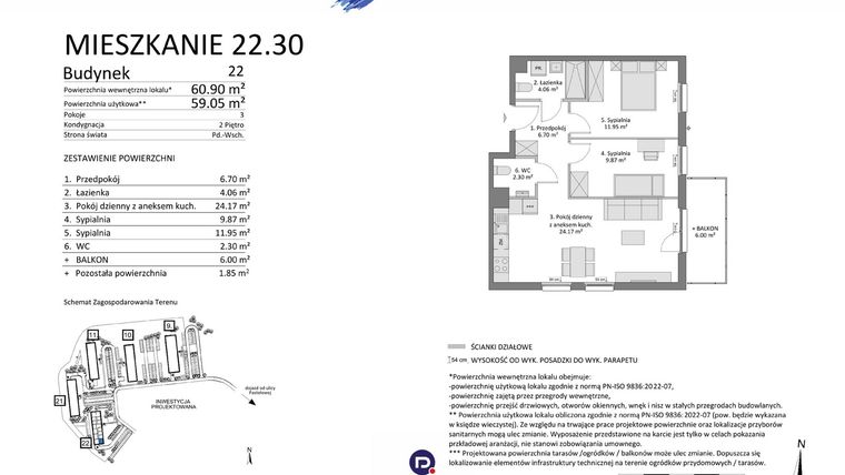 Rzut - Mieszkanie na sprzedaż 3 pokoje o powierzchni 59,05 m² - numer 22.30 w Osiedle Pastelowe etap IV