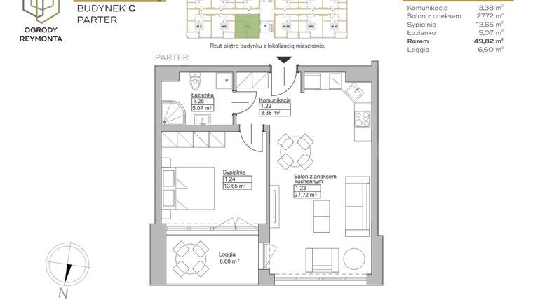 Rzut - Mieszkanie na sprzedaż 2 pokoje o powierzchni 49,82 m² - numer M1 w Ogrody Reymonta