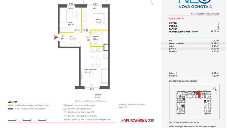 Rzut - Mieszkanie na sprzedaż 3 pokoje o powierzchni 49,08 m² - numer 44 w Neo Nova Ochota 4