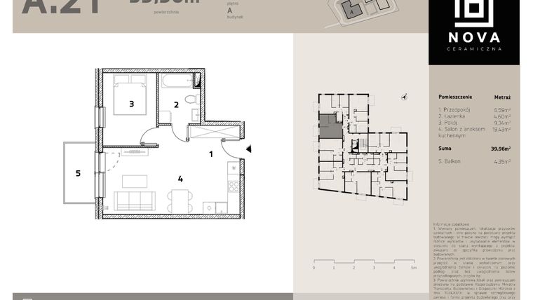 Rzut - Mieszkanie na sprzedaż 2 pokoje o powierzchni 39,96 m² - numer A21 w Nova Ceramiczna