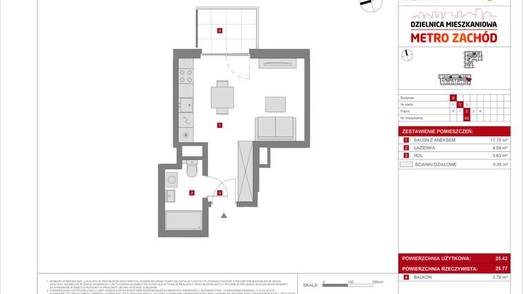 Rzut - Mieszkanie na sprzedaż 1 pokój o powierzchni 25,42 m² - numer B.53 w Dzielnica Mieszkaniowa Metro Zachód - etap 8.2