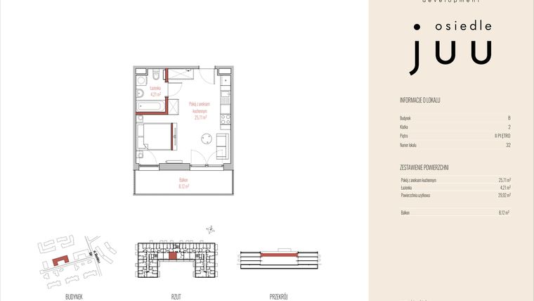 Rzut - Mieszkanie na sprzedaż 1 pokój o powierzchni 29,92 m² - numer B.M032 w Osiedle Juu
