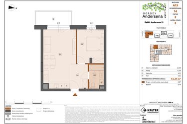 Rzut - Mieszkanie na sprzedaż 2 pokoje o powierzchni 44,21 m² - numer 14A w Ogrody Andersena