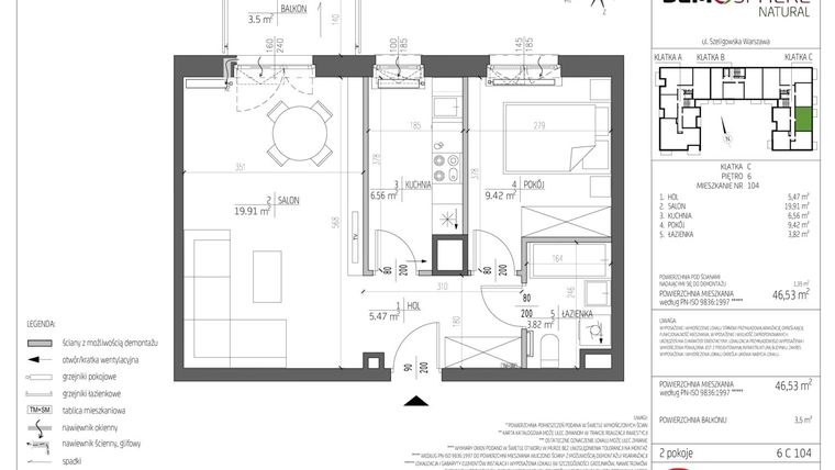 Rzut - Mieszkanie na sprzedaż 2 pokoje o powierzchni 46,53 m² - numer 6.C.104 w Bemosphere.