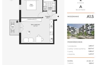 Rzut - Mieszkanie na sprzedaż 2 pokoje o powierzchni 41,58 m² - numer A1.5 w Enklawa Bukowa