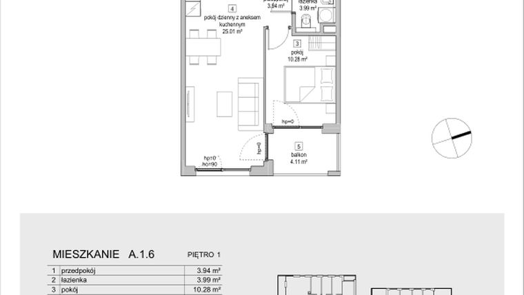 Rzut - Mieszkanie na sprzedaż 2 pokoje o powierzchni 43,22 m² - numer A.1.6 w ATAL Symbioza IA