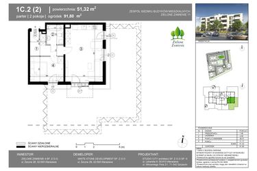 Rzut - Mieszkanie na sprzedaż 2 pokoje o powierzchni 51,32 m² - numer 1C.2 w Zielone Zamienie XI
