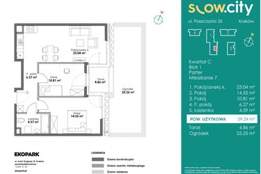 Rzut - Mieszkanie na sprzedaż 3 pokoje o powierzchni 59,24 m² - numer C1-7 w Slow City