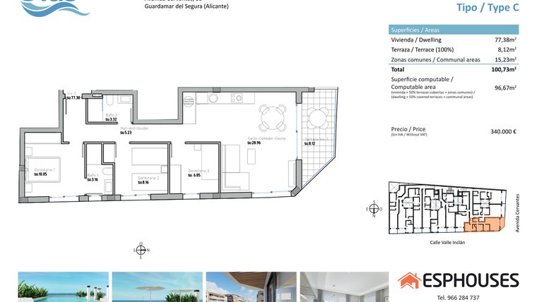 Rzut - Mieszkanie na sprzedaż 3 pokoje o powierzchni 96 m² - numer 2C w ESPHOUSES by Olas