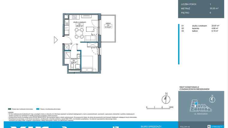 Rzut - Mieszkanie na sprzedaż 1 pokój o powierzchni 30,62 m² - numer A.6.13 w Rakoczego 17