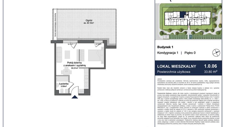 Rzut - Mieszkanie na sprzedaż 1 pokój o powierzchni 33,8 m² - numer Kawalerka z dużym ogrodem – Gdańsk - Rytelska w Rytelska