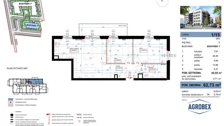 Rzut - Mieszkanie na sprzedaż 3 pokoje o powierzchni 62,73 m² - numer 1/15 w Nove Garby