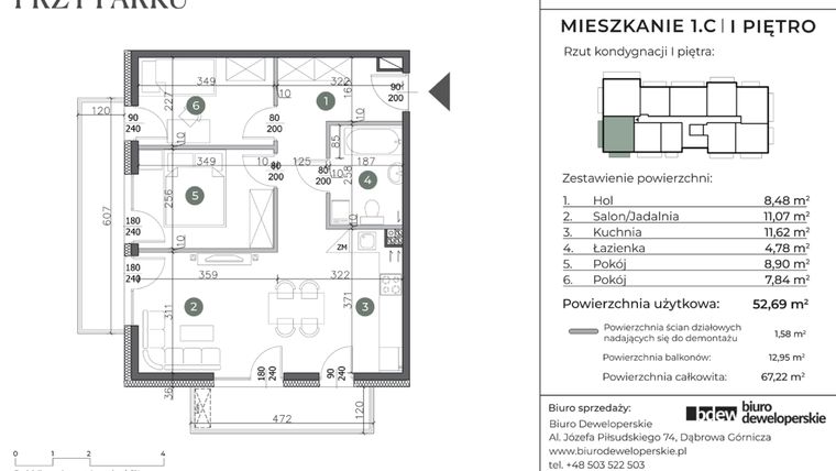 Rzut - Mieszkanie na sprzedaż 3 pokoje o powierzchni 52,69 m² - numer 1.C w Willa przy parku