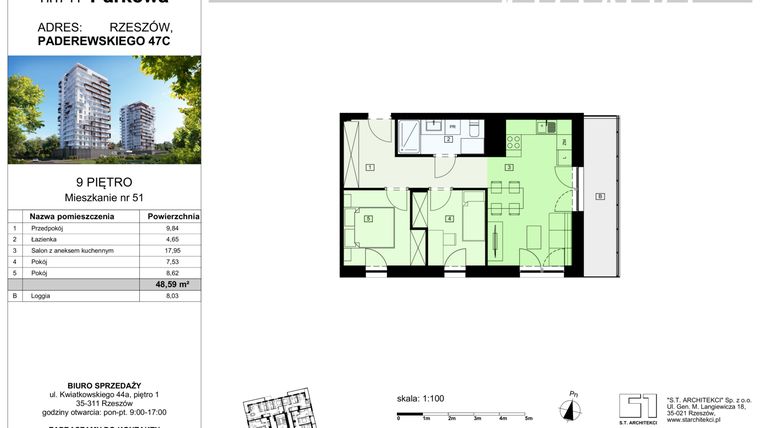 Rzut - Mieszkanie na sprzedaż 3 pokoje o powierzchni 48,59 m² - numer 51/B8 w Dzielnica Parkowa VIII
