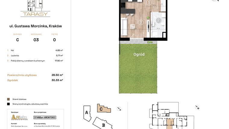 Rzut - Mieszkanie na sprzedaż 1 pokój o powierzchni 28,5 m² - numer C3 w Krzesławickie Tarasy