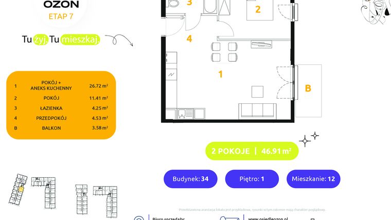 Rzut - Mieszkanie na sprzedaż 2 pokoje o powierzchni 46,91 m² - numer 34.12 w Osiedle Ozon etap VII