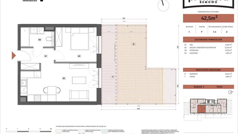 Rzut - Mieszkanie na sprzedaż 2 pokoje o powierzchni 42,5 m² - numer C.04 w Premiera Bemowo
