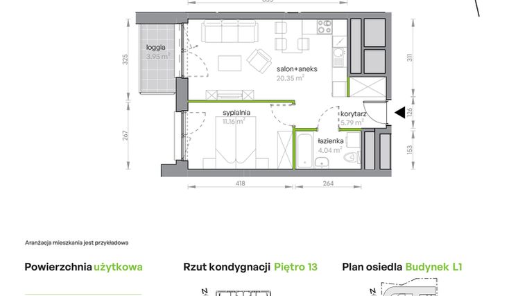 Rzut - Mieszkanie na sprzedaż 2 pokoje o powierzchni 41,34 m² - numer L1/13/124 w Legnicka Vita