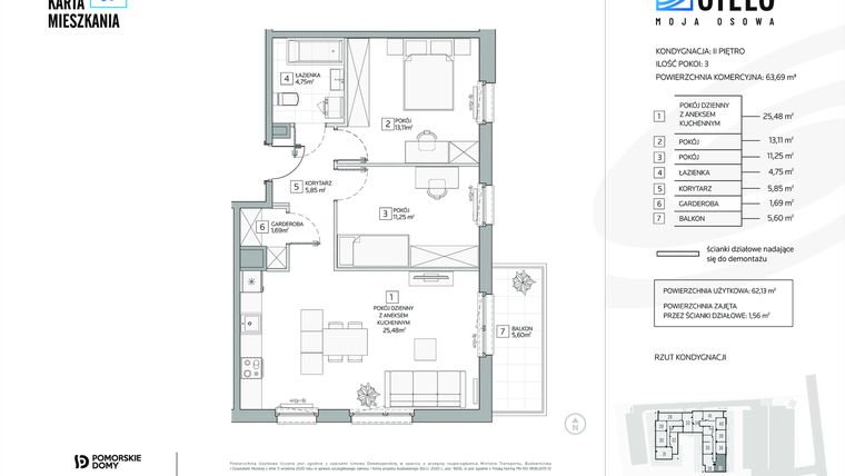 Rzut - Mieszkanie na sprzedaż 3 pokoje o powierzchni 63,69 m² - numer 37 w Stelo