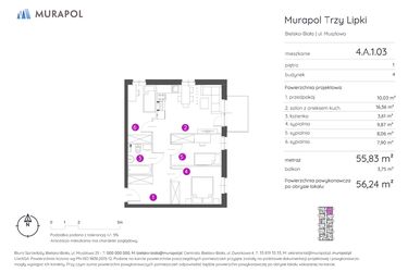Rzut - Mieszkanie na sprzedaż 4 pokoje o powierzchni 56,24 m² - numer 4.A.1.03 w Murapol Trzy Lipki
