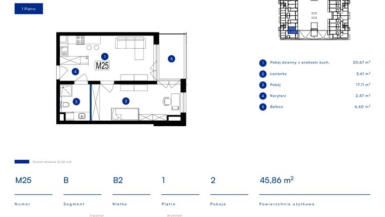 Rzut - Mieszkanie na sprzedaż 2 pokoje o powierzchni 45,86 m² - numer 25B w Przy Bursztynowej
