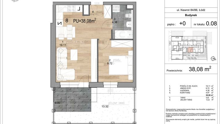 Rzut - Mieszkanie na sprzedaż 2 pokoje o powierzchni 38,08 m² - numer M 0.08 w Nawrot 86