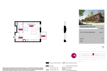 Rzut - Mieszkanie na sprzedaż 1 pokój o powierzchni 38,42 m² - numer 130 w Fuzja Mieszkania Loftowe