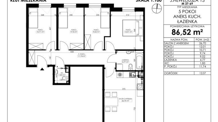 Rzut - Mieszkanie na sprzedaż 5 pokoi o powierzchni 86,52 m² - numer JAR-II-B-LM-M37 w Osiedle JAR Heweliusza etap II