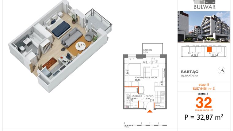 Rzut - Mieszkanie na sprzedaż 1 pokój o powierzchni 32,87 m² - numer 32 w Bulwar bud. 2